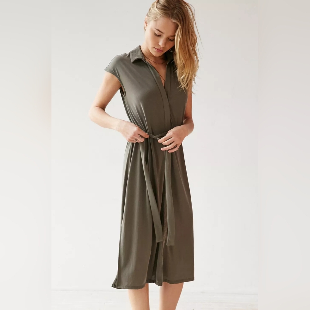 Silence + Noise Collared Knit Shirt Midi Dress in Olive Green